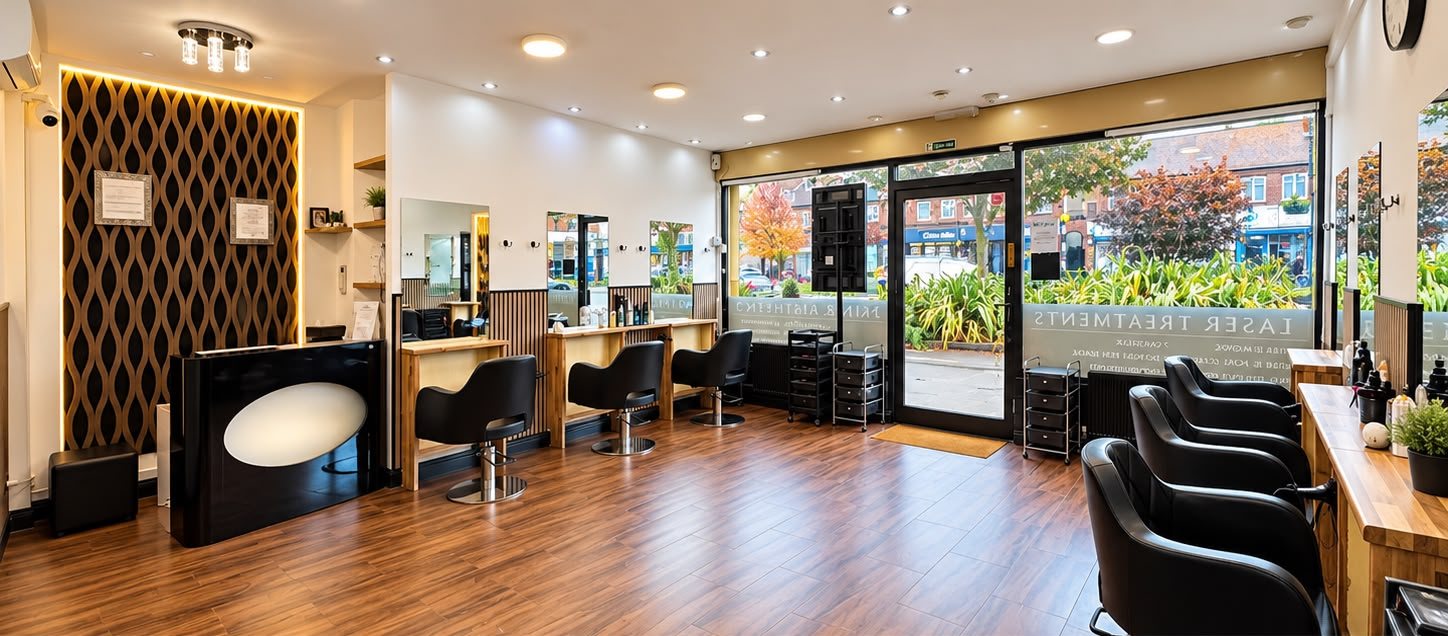 Reception desk and styling stations by the Alexandra Avenue shop window