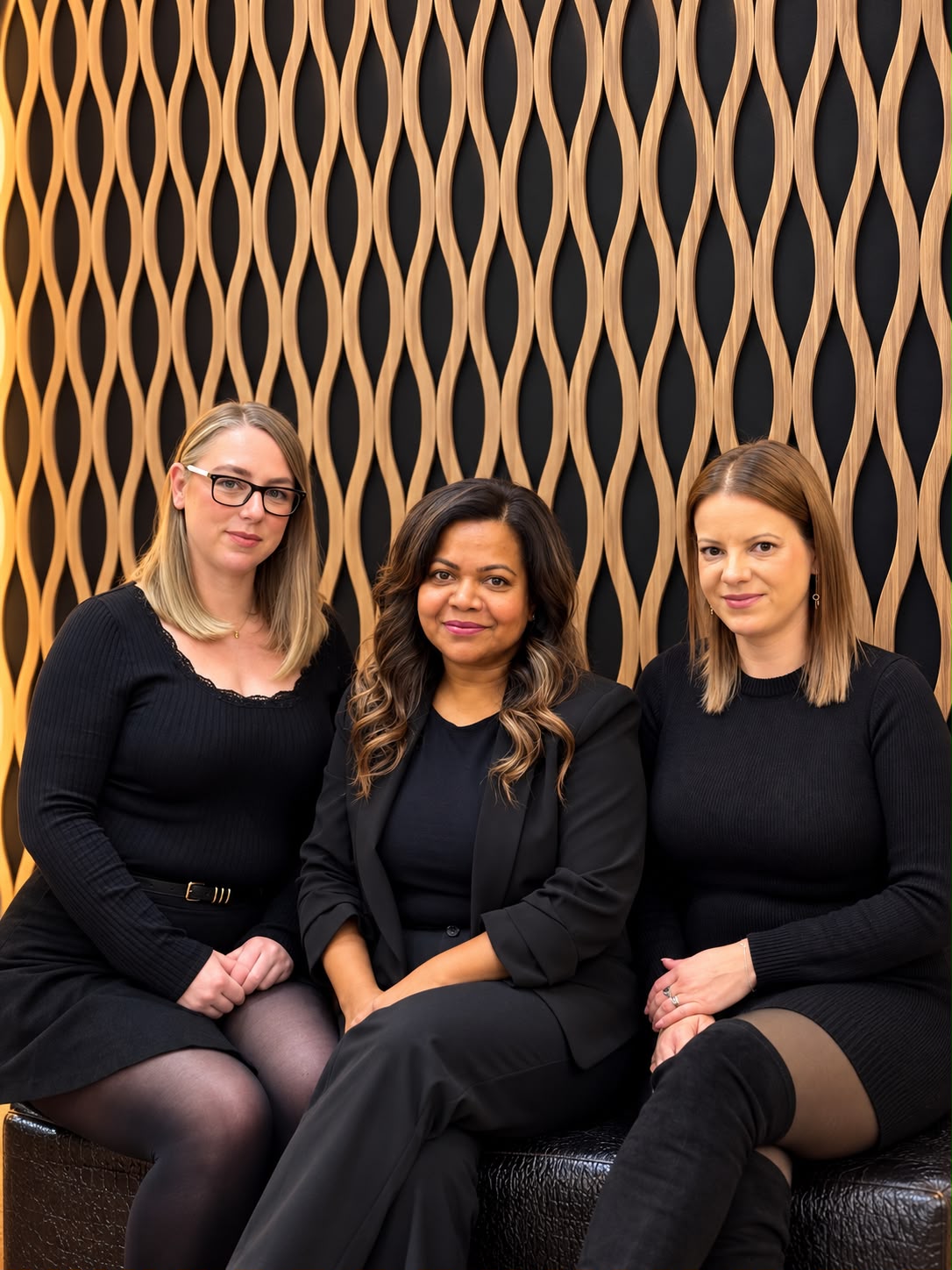 Three members of the Salon Tiara team seated in front of the wave-panel wall